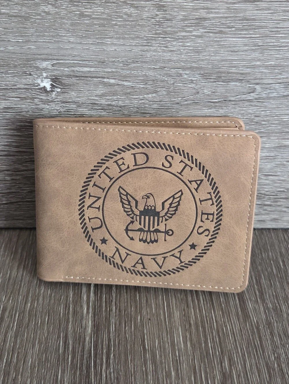 United States Navy Embossed Men's Bifold Wallet - Tan